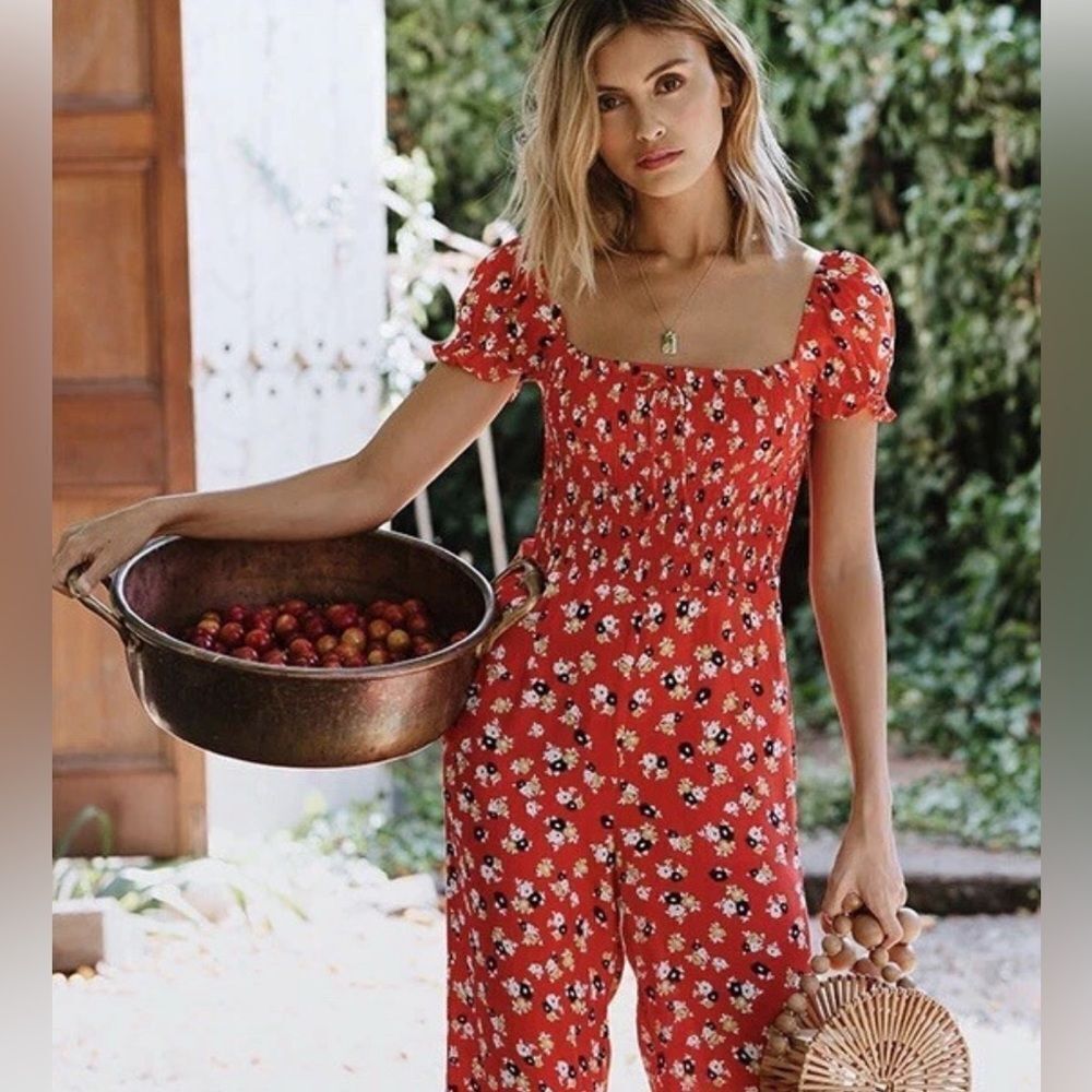 Faithfull the Brand Red Floral Puff Sleeve Jumpsuit Size 4